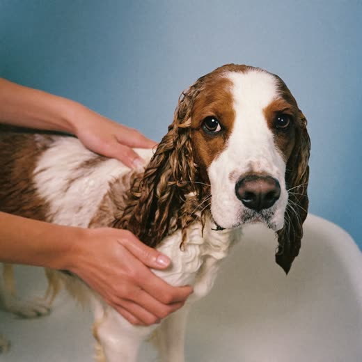 A spaniel with a freshly dried, full coat against a pale pink backdrop
