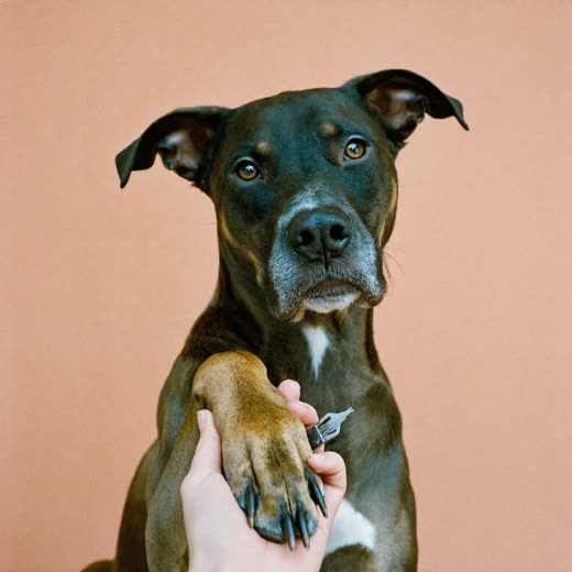 A groomer's hand working shears along the coat of a calm long-haired dog